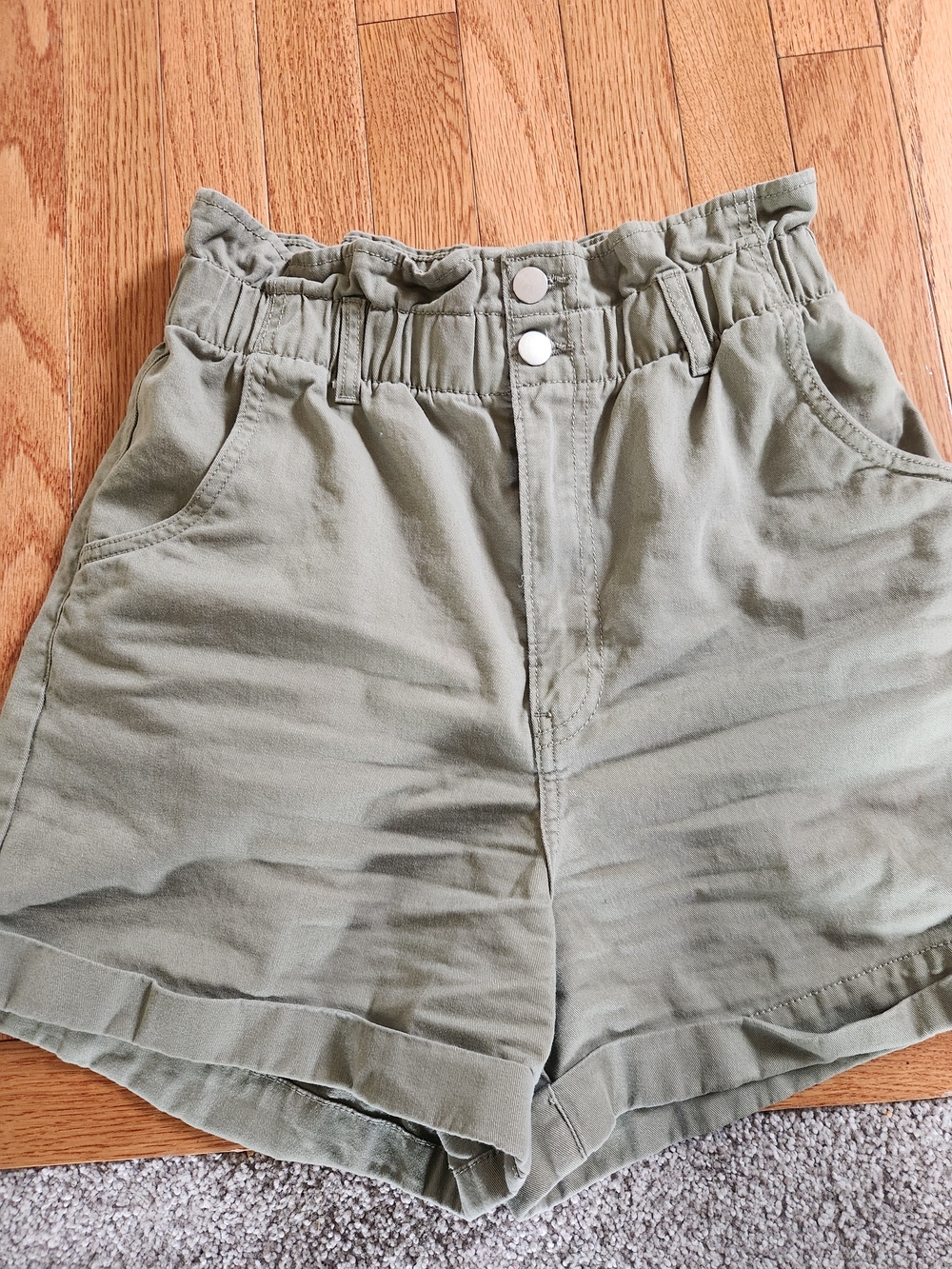 H&M Olive Green High-Rise Paperbag Shorts